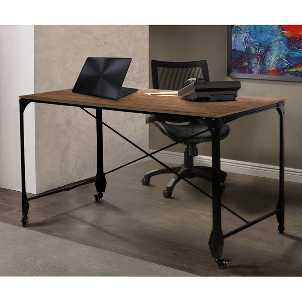 Industrial Style Home Office Desk with Rectangular Wooden Top and Metal Legs, Brown and Bronze-BM140126