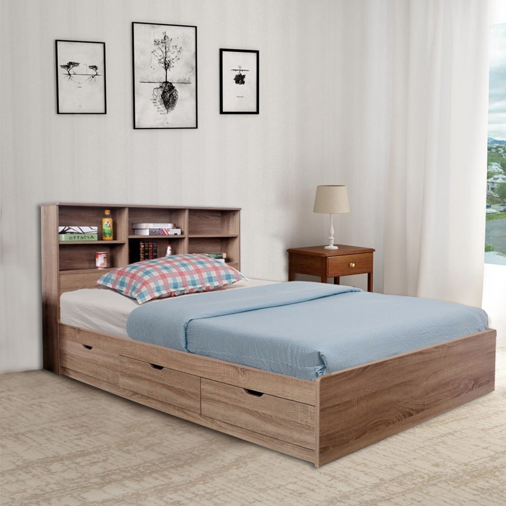 Wooden Full Size Bed Frame with 3 Drawers and Grain Details, Taupe Brown - BM141886