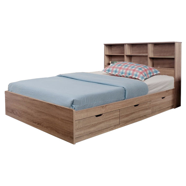 Wooden Full Size Bed Frame with 3 Drawers and Grain Details, Taupe Brown - BM141886