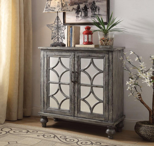 Wooden Console Table with 2 Doors and Mirror Fronts, Weathered Gray - BM154254