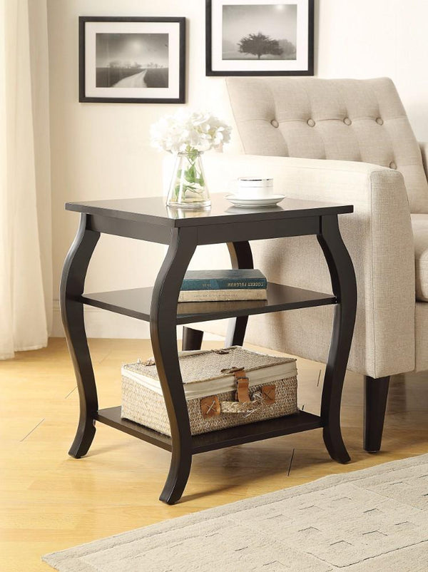 Wooden End Table with 2 Open Shelves and Cabriole Legs, Black - BM154581