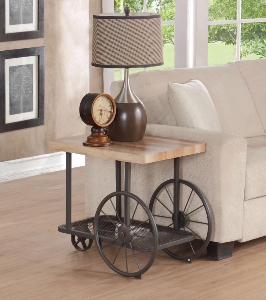 Cart Design Wooden and Metal End Table with Bottom Shelf, Brown and Bronze - BM154587
