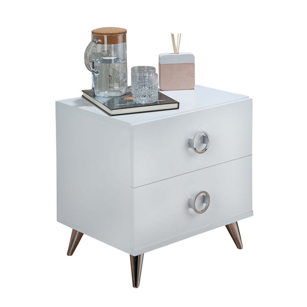 BM154629 Modern Style Wood & Metal Nightstand, White & Chrome