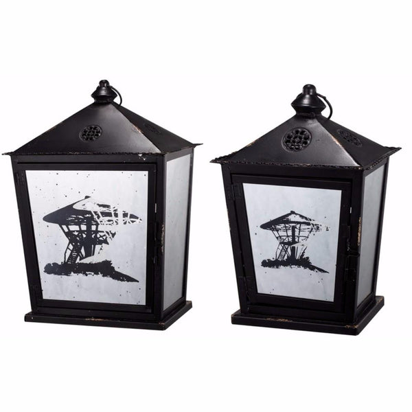 BM154747 Beautifully shaped Metal Candle Lanterns, Set of Two, Black
