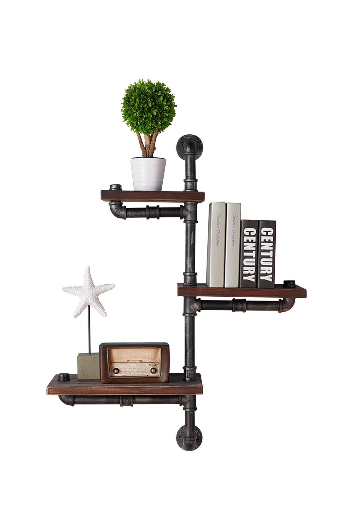 Metal Body Floating Three Wall Shelves with Pipe Design, Gray and Brown - BM155699