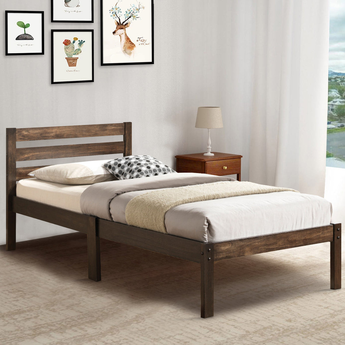 Wooden Twin Size Bed with Slatted Design Headboard, Rustic Brown - BM155990