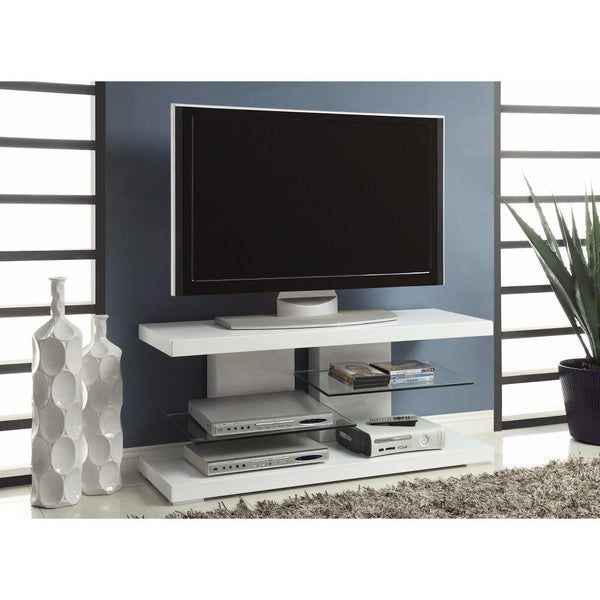 BM156158 Charming white tv console with Alternating Glass Shelves