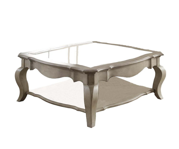 18 Inch Glass Top Wooden Coffee Table, Antique Taupe - BM156824