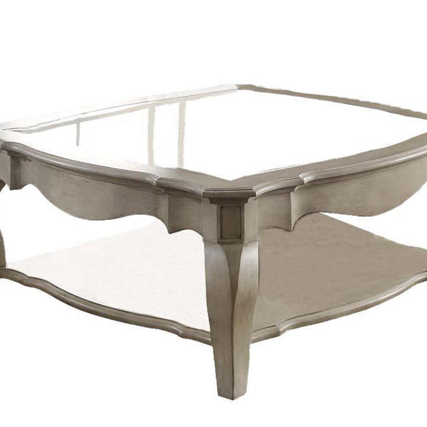 18 Inch Glass Top Wooden Coffee Table, Antique Taupe - BM156824