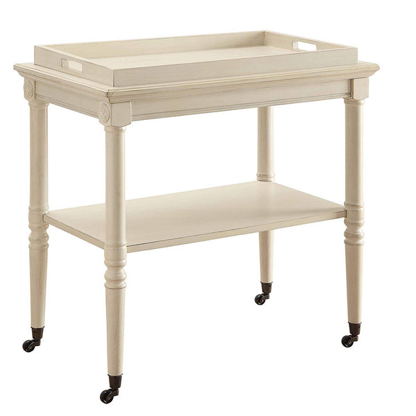 32 Inch 2 Tier Wooden Tray Table with Casters, Antique White - BM157309