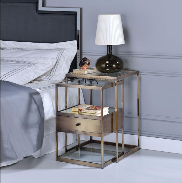 Metal and Glass 2 Piece Nesting Table Set, Brown and Clear - BM157311