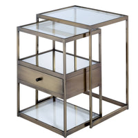 Metal and Glass 2 Piece Nesting Table Set, Brown and Clear - BM157311