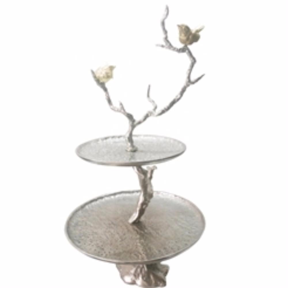 Impressively Designed Iron Branch 2-Tiered Tray, Silver - BM158344