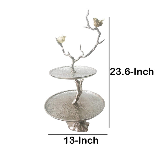 Impressively Designed Iron Branch 2-Tiered Tray, Silver - BM158344