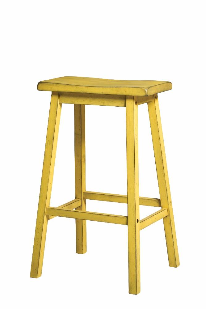 Wooden Barstool with Saddle Design Seat, Set of 2, Distressed Yellow - BM158805