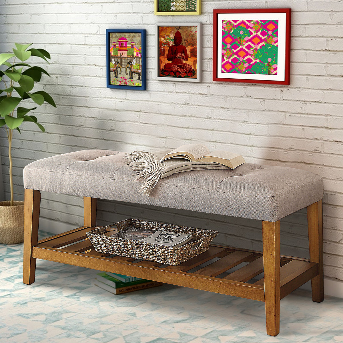 BM158808 Wooden Bench, Light Gray & Oak