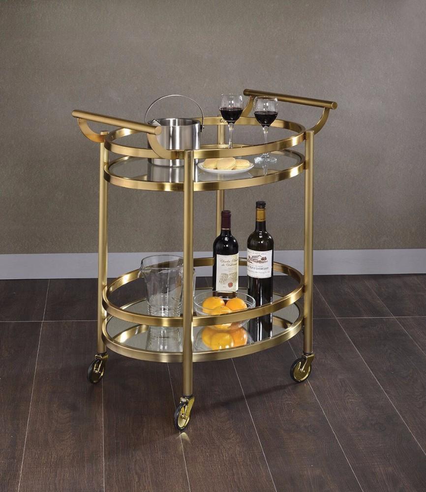 Oval Shaped Metal Frame Serving Cart with Glass Shelves, Bronze and Clear - BM158855