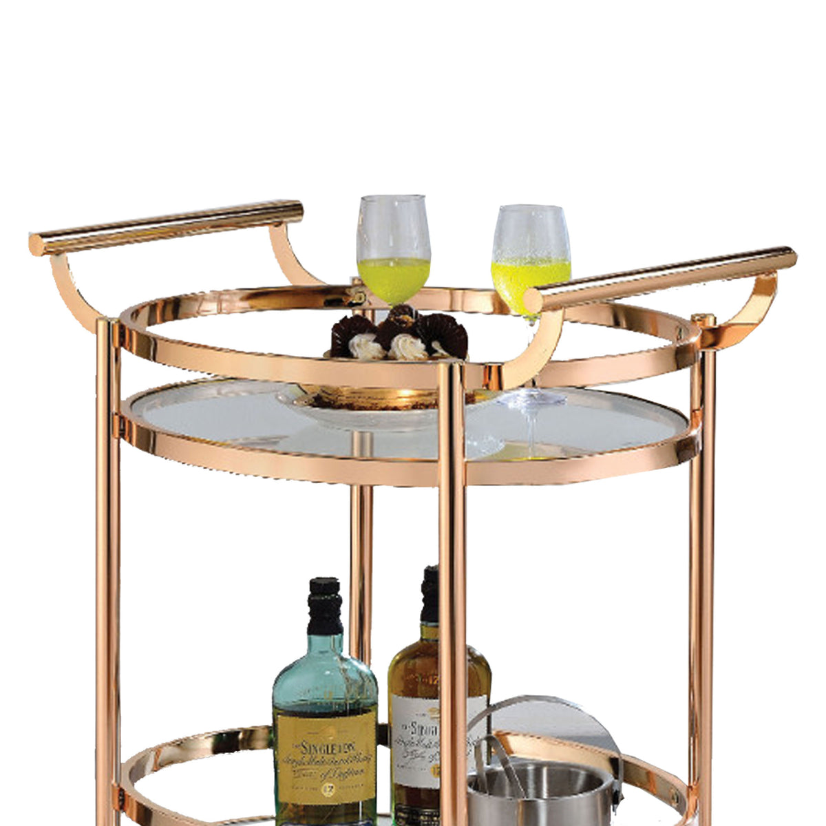 27 Inch Oval Shaped Metal Serving Cart with 2 Shelves, Gold - BM158857