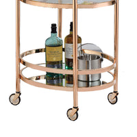 27 Inch Oval Shaped Metal Serving Cart with 2 Shelves, Gold - BM158857