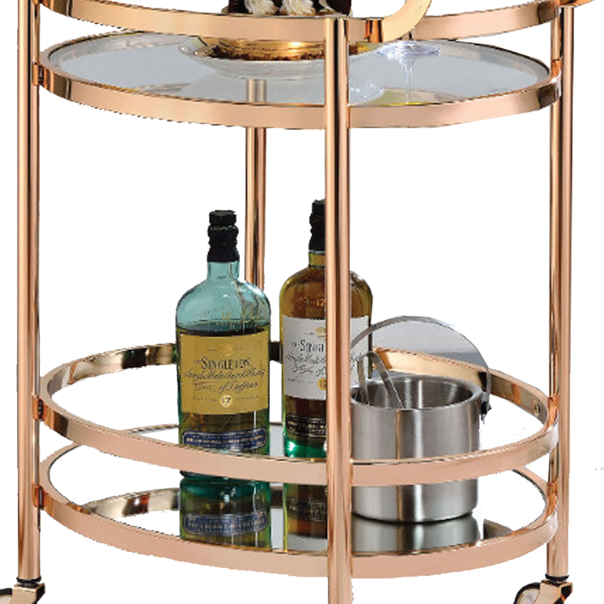 27 Inch Oval Shaped Metal Serving Cart with 2 Shelves, Gold - BM158857