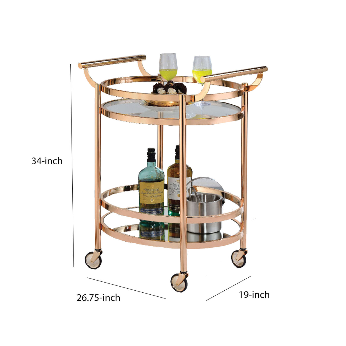 27 Inch Oval Shaped Metal Serving Cart with 2 Shelves, Gold - BM158857