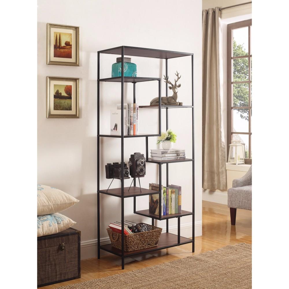 BM159122 Metal Framed Bookcase With Open Shelves, Black And Brown