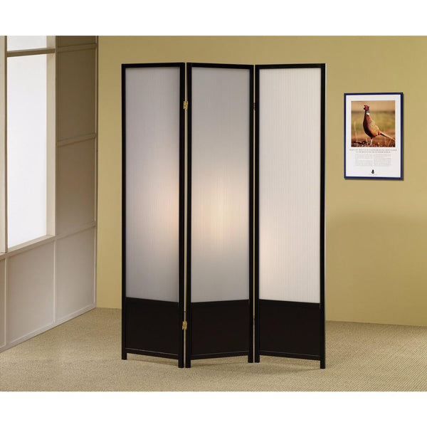 BM159230 Three Panel Folding Screen with Translucent Inserts, Black