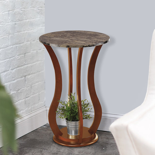 BM160087 Transitional Wooden Plant Stand With Faux Marble Top, Brown