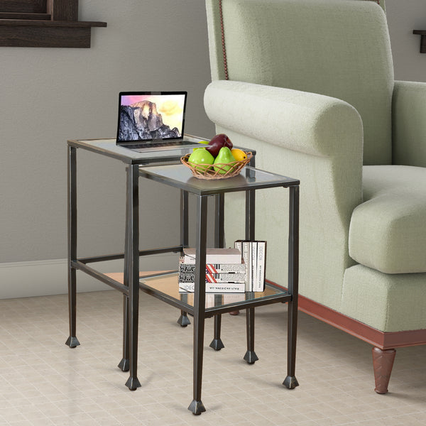 Set Of 2 Metal Nesting Tables With Glass Top, Black - BM160100