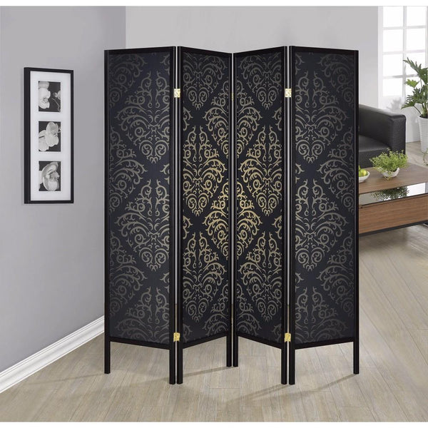 BM160106 Captivating Four Panel Folding Screen With Damask Print, Black