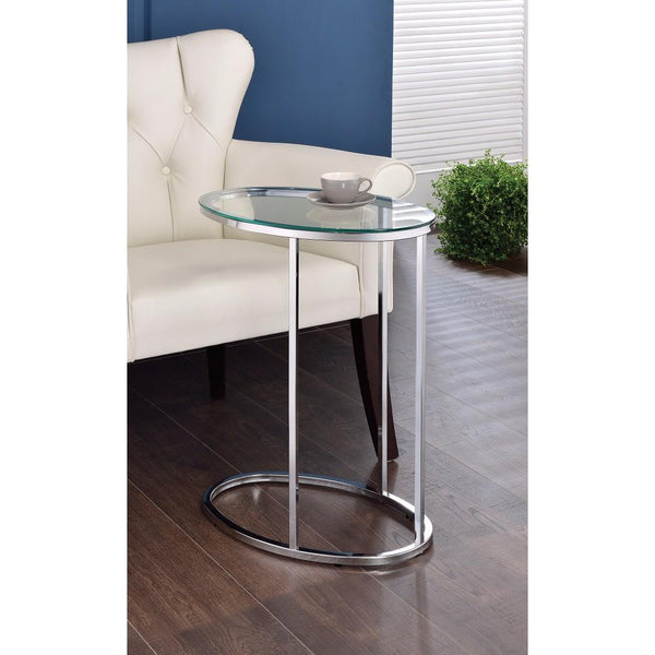 BM160142 Stylish Oval Shaped Metal Snack Table With Glass Top, Silver