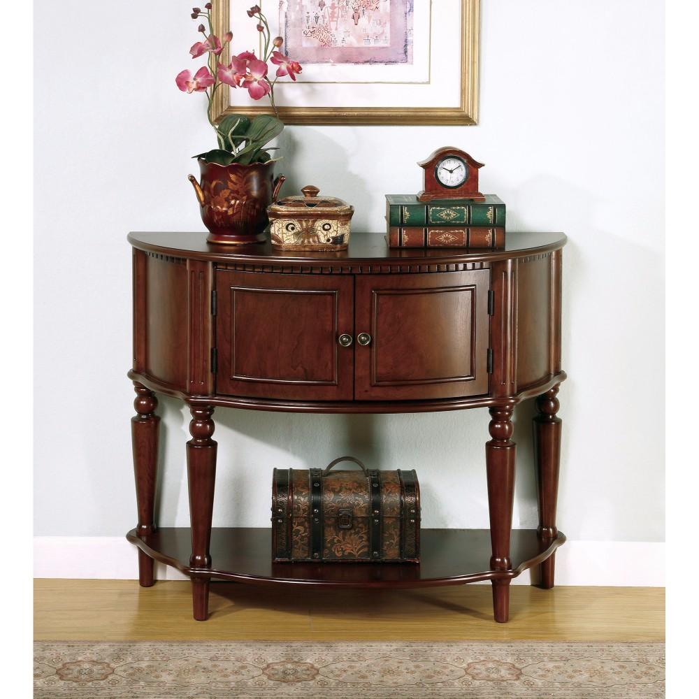 BM160197 Brown Wooden Console Table With Curved Front & Inlay Shelf