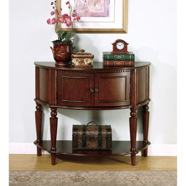 BM160197 Brown Wooden Console Table With Curved Front & Inlay Shelf