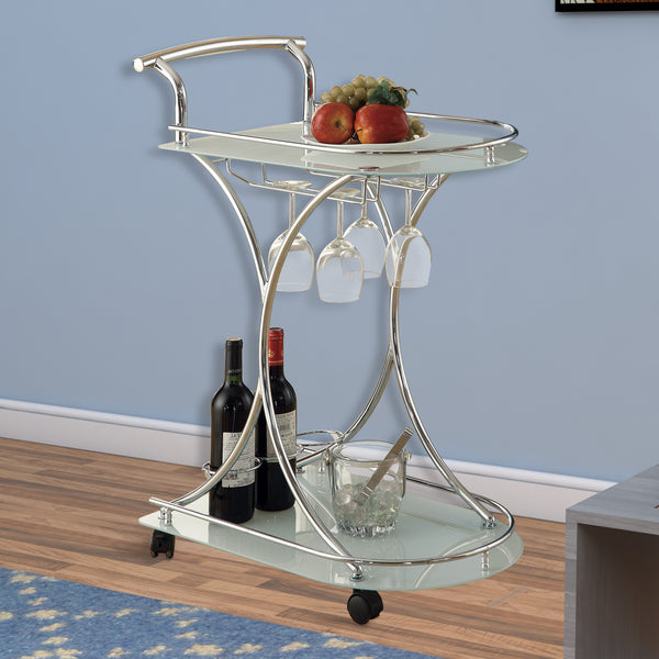 BM160282 Captivating Serving Cart With 2 Frosted Glass Shelves, Silver