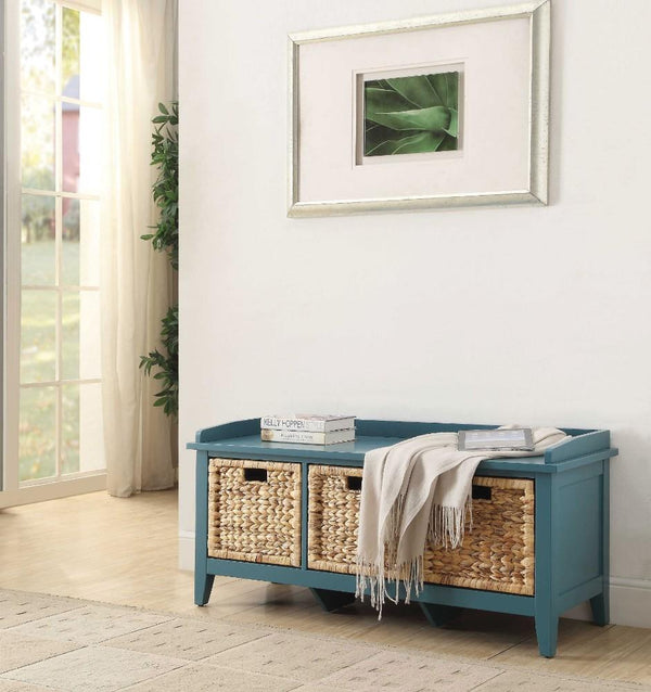 Rectangular Wooden Storage Bench with Rattan Like Weaved 3 Drawers, Blue - BM163623