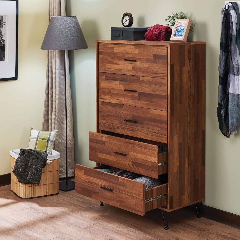 benzara BM163643 Enchanting Wooden Chest With 5 Drawers Walnut Brown