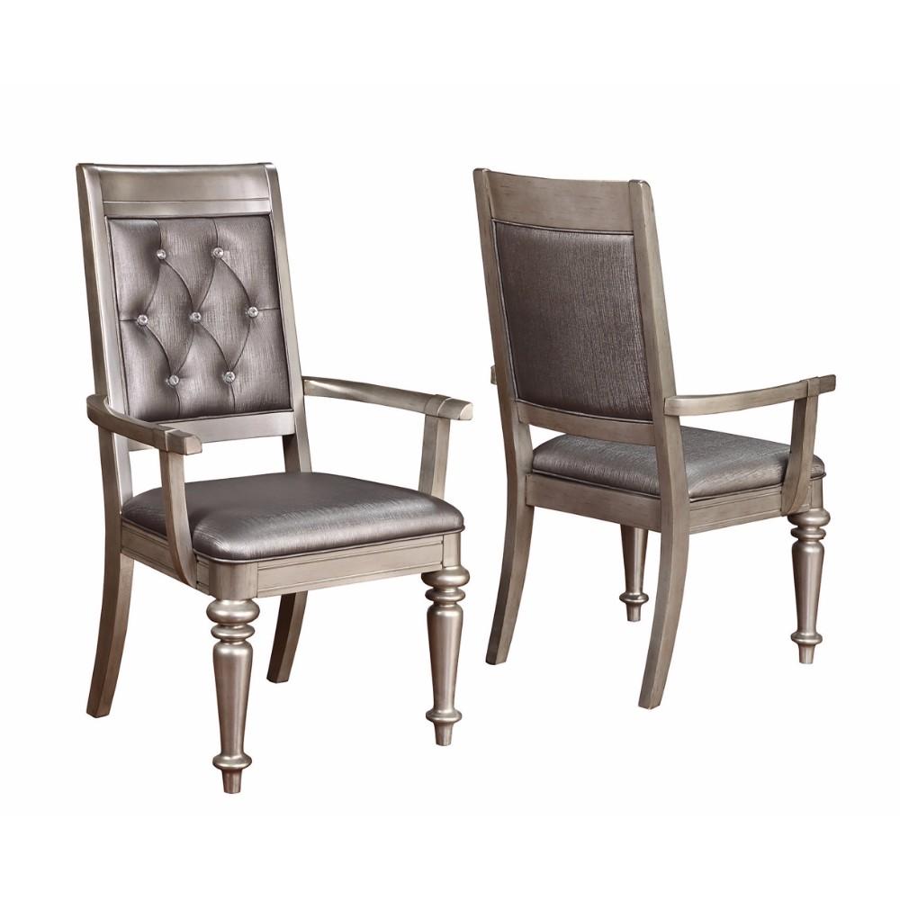 BM163721 Wooden Dining Side Arm Chair With Tufted Back, Gray & Silver, Set of 2