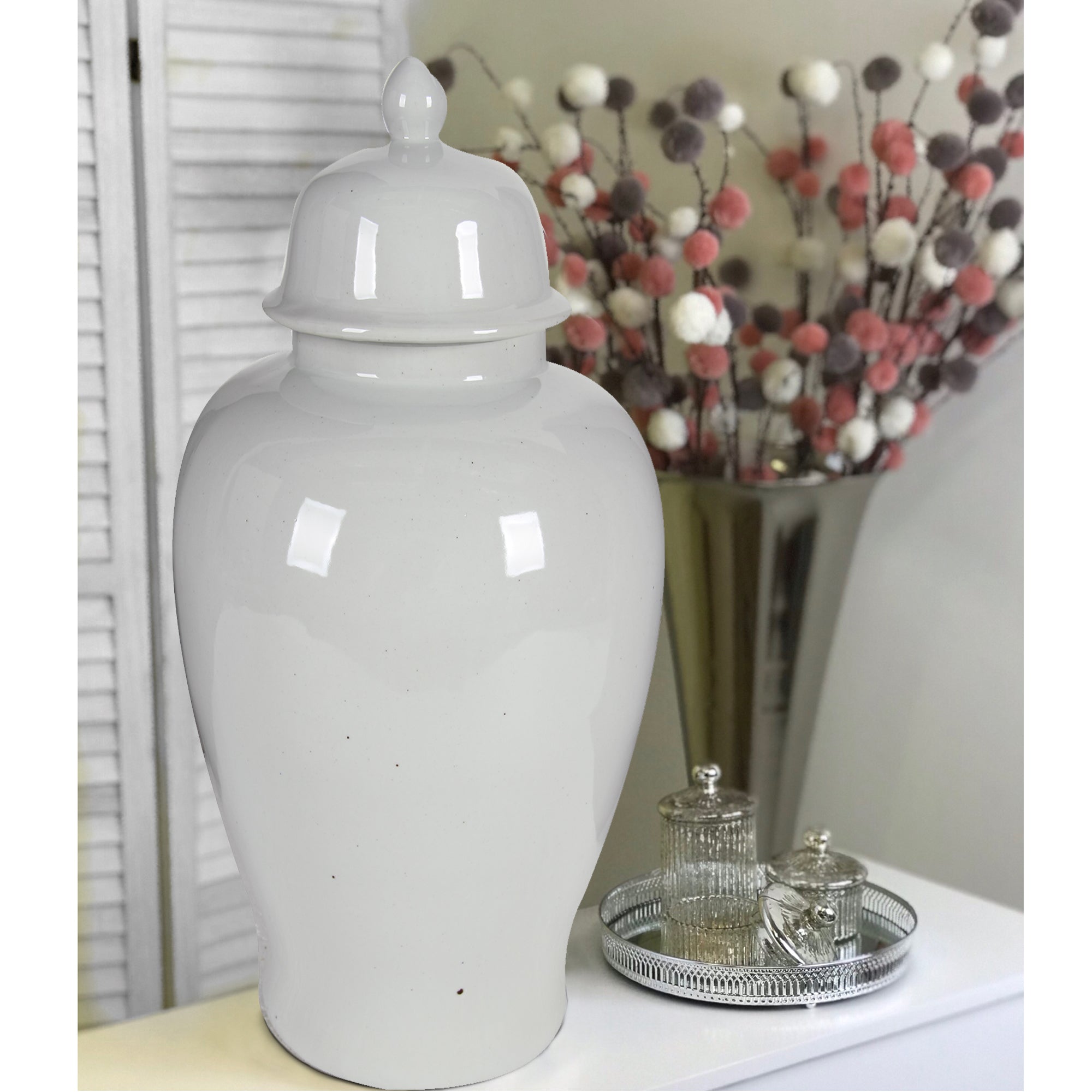 benzara Ceramic Ginger Jar With Lid Off White - BM165658