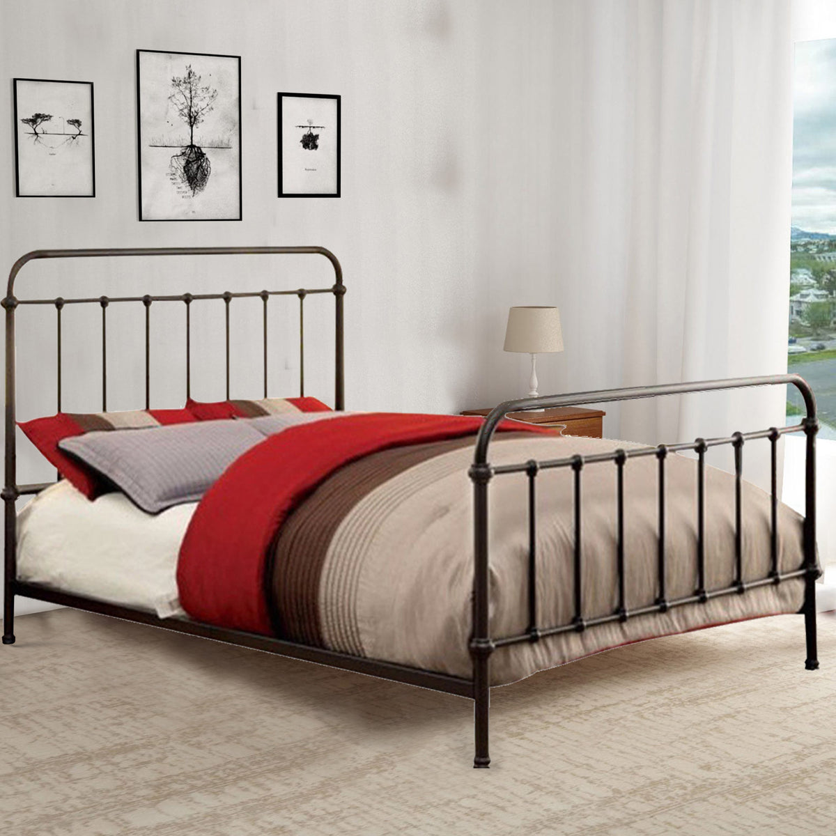 Metal Queen Size Platform Bed with Headboard & Footboard, Deep Bronze - BM165986