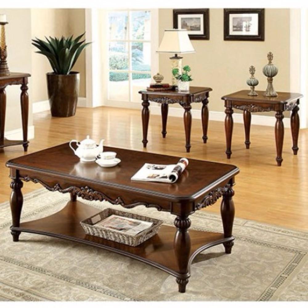 Benjara Wooden Coffee & End Tables Set, Cherry Brown, Pack of 3