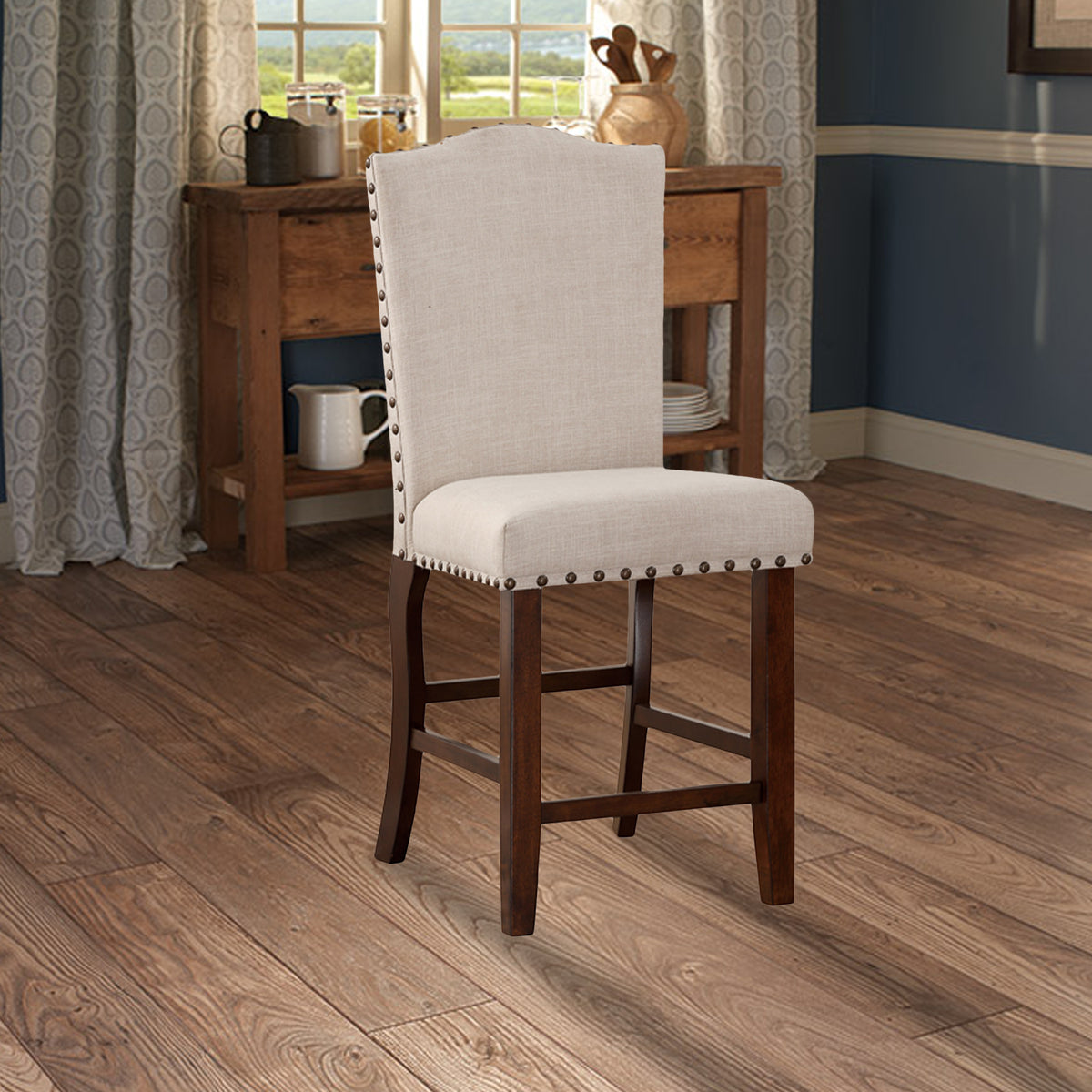 Rubber Wood High chair With Studded Trim, Cream & Cherry Brown, Set of 2 - BM166612