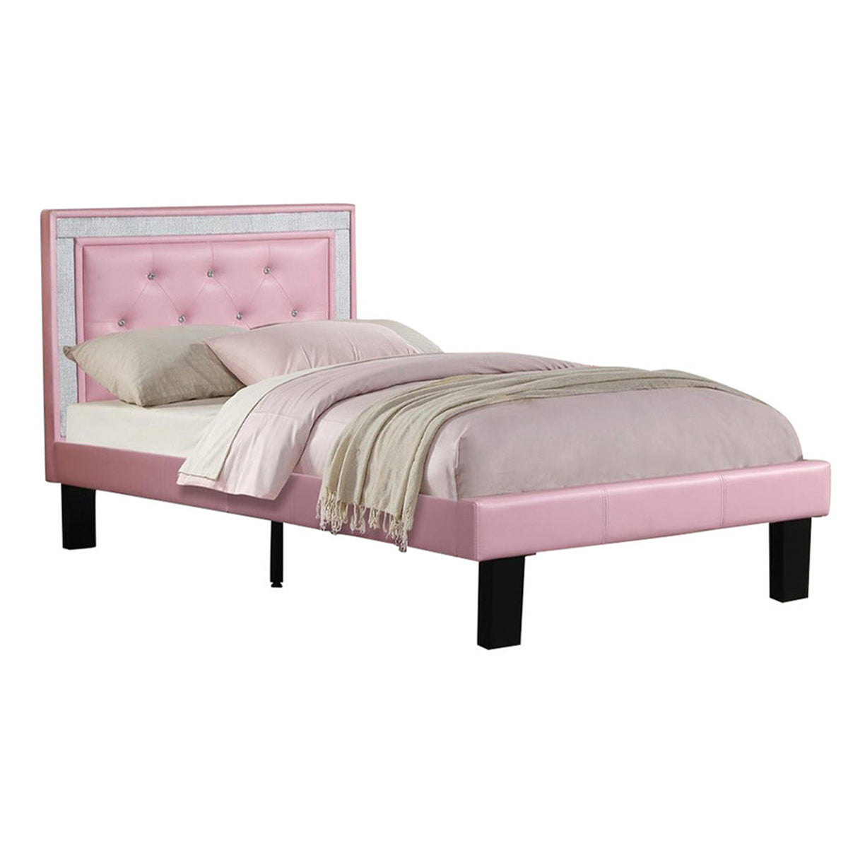 Silky And Sheeny Wooden Full Bed With Pink PU Tufted Head Board, Pink Finish - BM168652