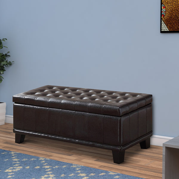 Bonded Leather Storage Ottoman With Blocked Feet, Brown - BM170234