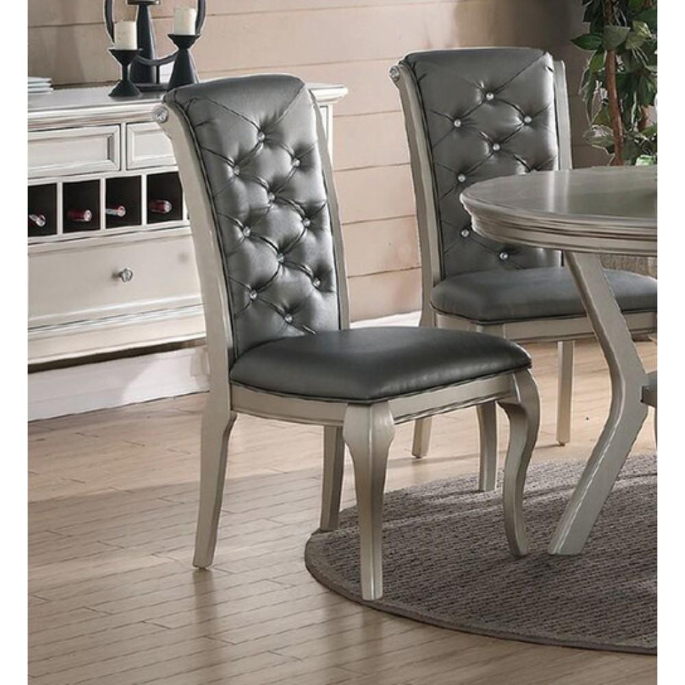 BM171529 Set Of 2 Rubber Wood Dining Chair With Tufted Back, Gray And Silver