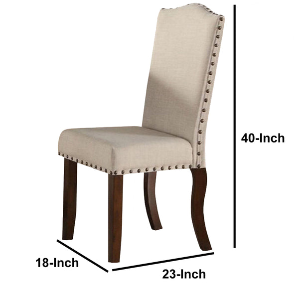 Rubber Wood Dining Chair With Nail Head Trim, Set Of 2, Brown And Cream - BM171533