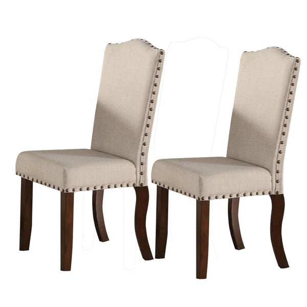 Rubber Wood Dining Chair With Nail Head Trim, Set Of 2, Brown And Cream - BM171533