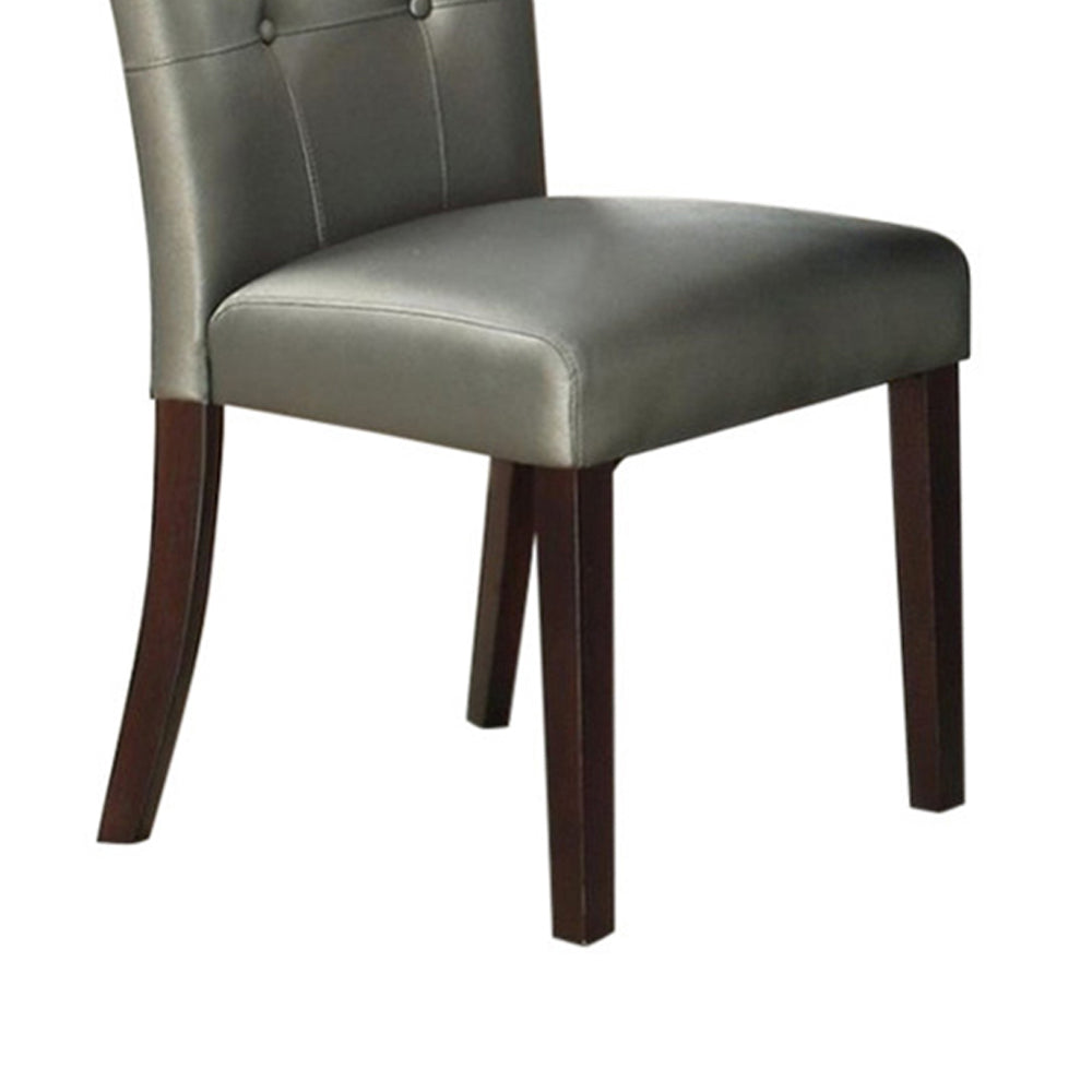 BM171561 Button Tufted Faux Leather Wooden Dining Chair, Set Of 2,Silver