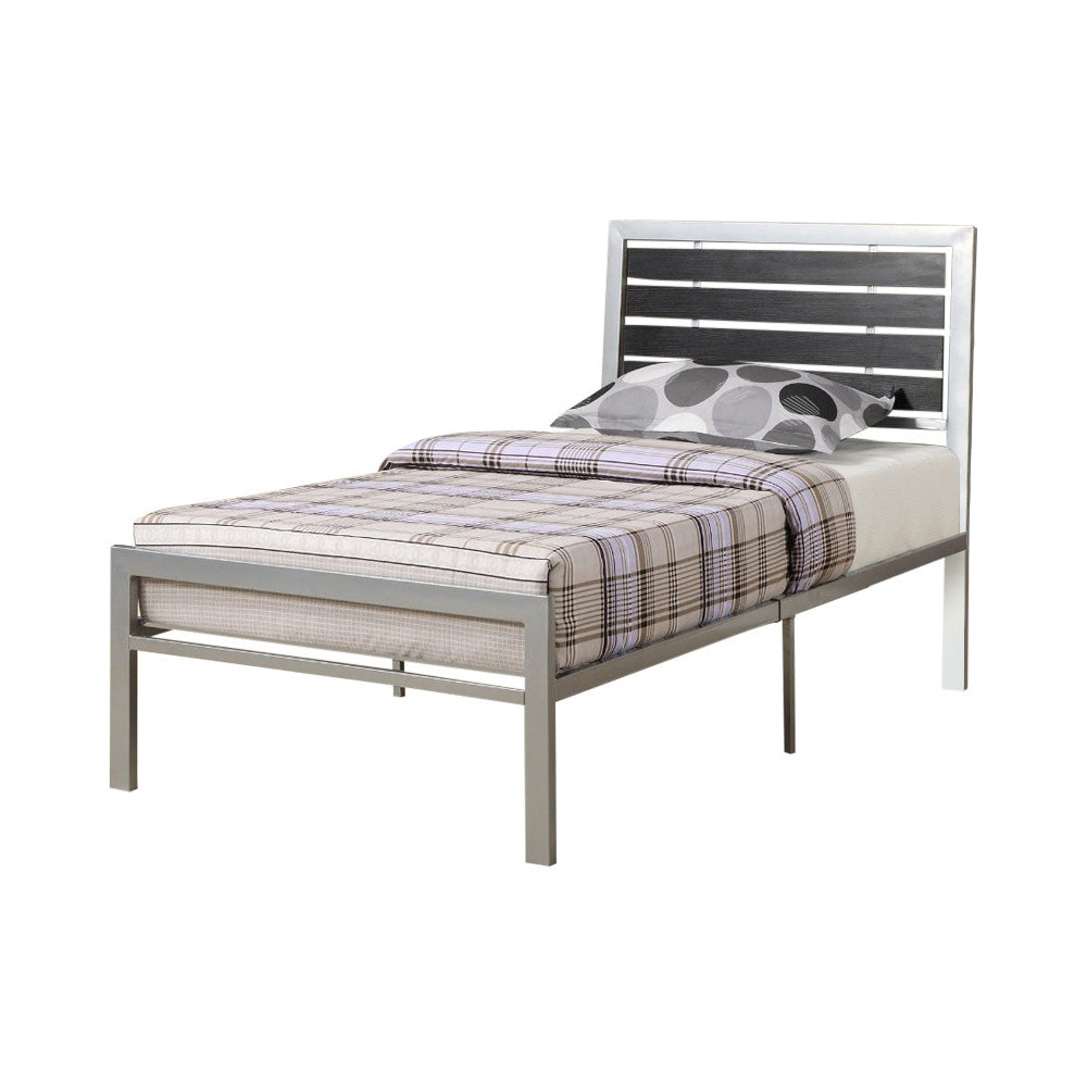 BM171741 Metal Twin Size Bed With Wood Panel Headboard, Silver & Black