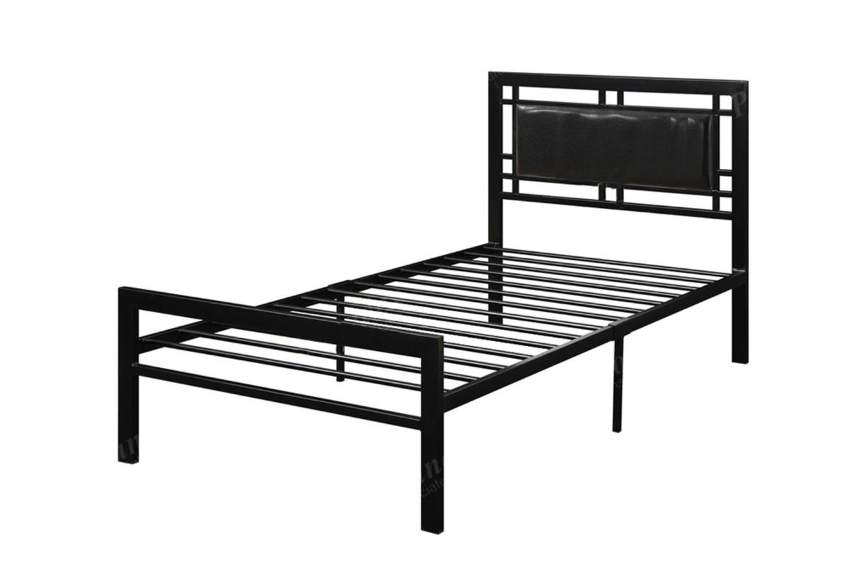 BM171743 Metal Frame Twin Bed With Leather Upholstered Headboard, Black