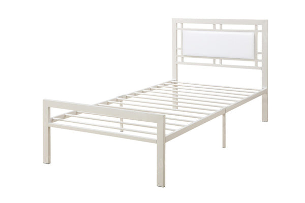 BM171744 Metal Frame Full Bed With Leather Upholstered Headboard, White